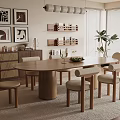 Modern Dining Table With Neutral Chairs Wooden Frame Wall Art Shelves And Pendant Lights
