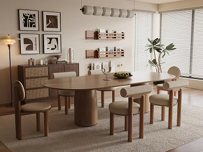 Modern Dining Table With Neutral Chairs Wooden Frame Wall Art Shelves And Pendant Lights 3d model