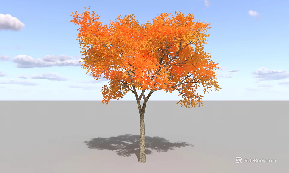 Autumn Tree with Vibrant Orange Leaves Against Blue Sky and White Clouds 3d model 