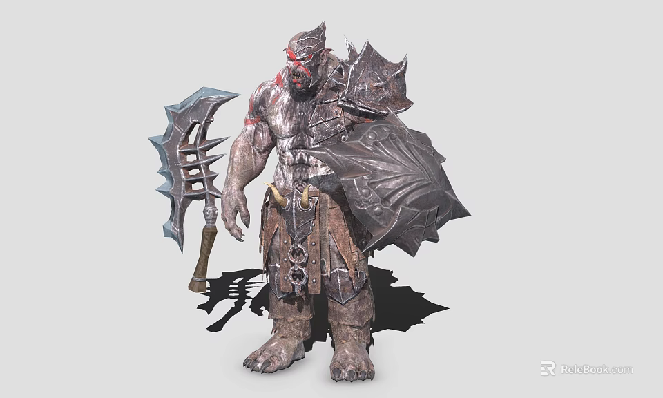 Fantasy Game Movie Character Muscular Warrior With Spiked Armor Battle Axe And Shield 3d model 