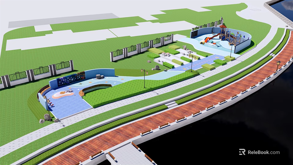 Colorful Kids Playground With Green Lawns Slides And Walking Paths Near Waterfront 3d model 