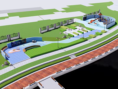 Colorful Kids Playground With Green Lawns Slides And Walking Paths Near Waterfront 3d model