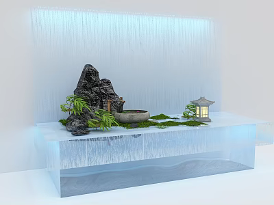 Decorative Garden Ornament With Waterfall Backdrop Rock Formation Stone Basin And Mini Lantern 3d model