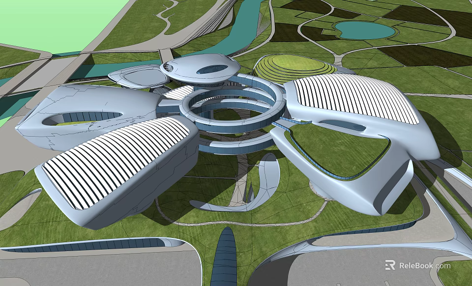 Modern Museum Building With Circular Structure Green Landscape And Water Features 3d model