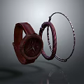 Red Leather Strap Watch with Red Leather Bangle and Silver Metal Bangle on Gray Background