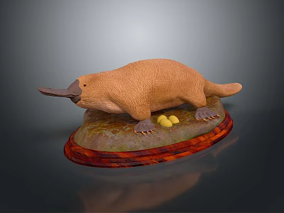Detailed Platypus Model Figurine With Eggs Placed On Wooden Display Base 3d model