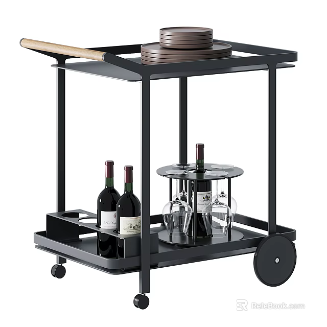 Modern Black Serving Cart With Wine Bottles Glasses And Plates 3d model 