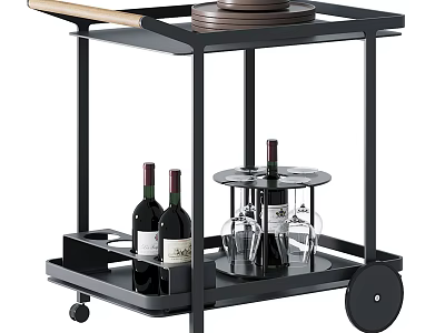 Modern Black Serving Cart With Wine Bottles Glasses And Plates 3d model