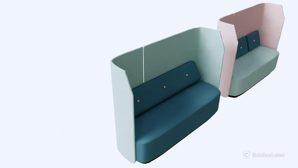 Modern Public Office Space With Teal Blue Pink Upholstered Seating And Dividers 3d model 