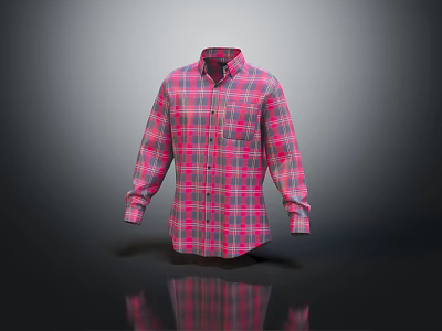 Pink Plaid Long Sleeve Collared Shirt With Front Pocket For Casual Style 3d model