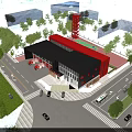 Modern Fire Station Exterior With Red Fire Trucks Multiple Garage Doors And Green Trees