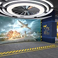 Airplane Explosion Scene Mural With Circular Ceiling Light Blue Cabinet And Yellow Warning Tape 3d model