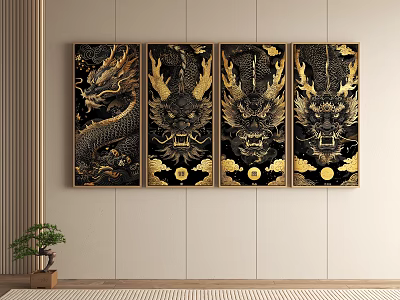 Chinese Style Black And Gold Dragon Paintings For Home Wall 3d model