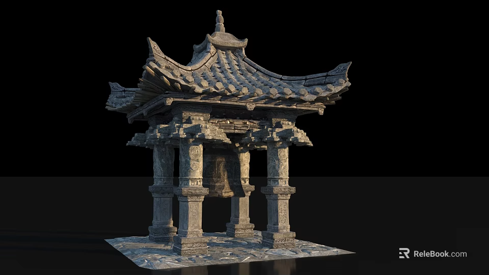 Ancient Chinese Pavilion With Traditional Tiled Roof Curved Eaves And Stone Pillars 3d model 