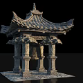 Ancient Chinese Pavilion With Traditional Tiled Roof Curved Eaves And Stone Pillars