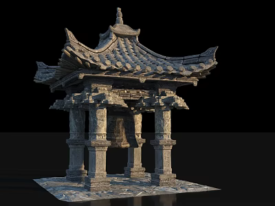 Ancient Chinese Pavilion With Traditional Tiled Roof Curved Eaves And Stone Pillars 3d model