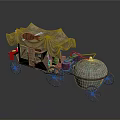 Ancient Mobile Vendor Cart With Tent Covering Wooden Wheels And Copper Spherical Design
