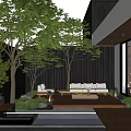 Modern Courtyard Garden With Wooden Deck Comfortable Sofa Green Trees Water Feature And Outdoor Lighting