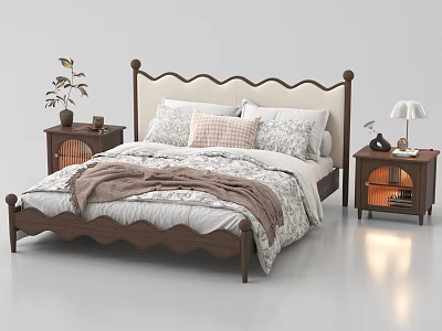 Double Bed With Wooden Scalloped Headboard Plush Pillows Cozy Blanket And Nightstands 3d model