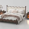 Double Bed With Wooden Scalloped Headboard Plush Pillows Cozy Blanket And Nightstands