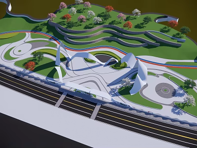 Scenic Park Landscape with Winding Pathways Green Slopes Colorful Trees and White Architectural Structures 3d model