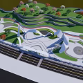 Scenic Park Landscape with Winding Pathways Green Slopes Colorful Trees and White Architectural Structures