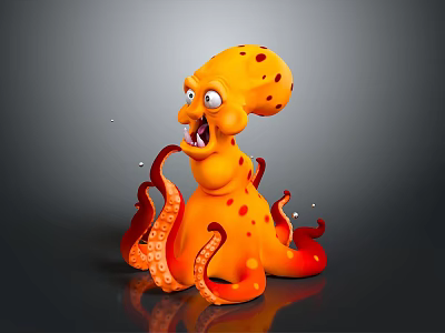 Cartoon Octopus 3D Model with Orange Body and Red Spots Exaggerated Expression and Curled Tentacles 3d model