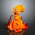 Cartoon Octopus 3D Model with Orange Body and Red Spots Exaggerated Expression and Curled Tentacles