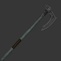 Medieval Battle Axe Featuring Wooden Handle Metal Blade Decorative Spikes And Green Gemstone