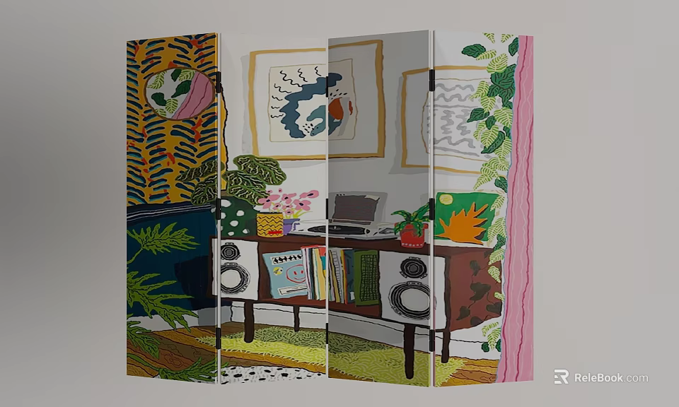 Decorative Room Divider Screen With Colorful Plant Patterns And Art Decor Elements 3d model 
