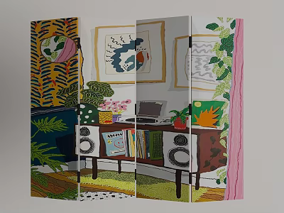Decorative Room Divider Screen With Colorful Plant Patterns And Art Decor Elements 3d model
