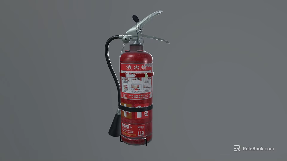 Red Fire Extinguisher With Black Hose Pressure Gauge And Safety Label 3d model 