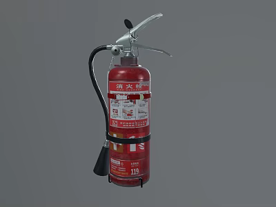 Red Fire Extinguisher With Black Hose Pressure Gauge And Safety Label 3d model
