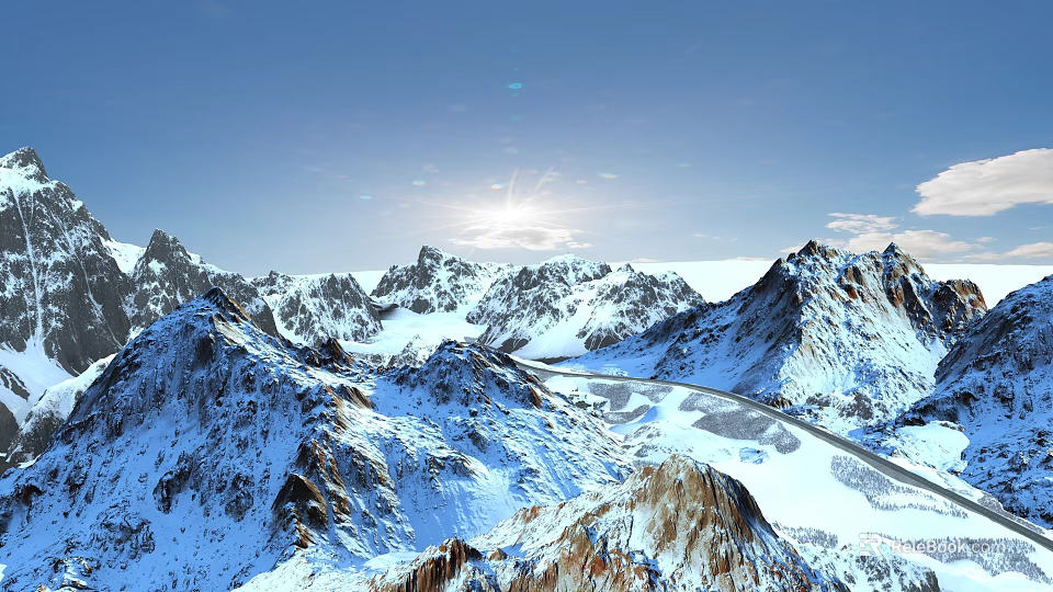 Breathtaking Snowy Mountain Landscape With Clear Blue Sky Sunlight And Snow Covered Peaks 3d model 