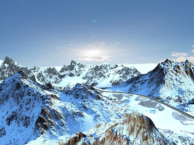Breathtaking Snowy Mountain Landscape With Clear Blue Sky Sunlight And Snow Covered Peaks 3d model