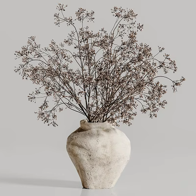 White Textured Clay Vase With Dried Branches And Small Fruits On Light Gray Background 3d model