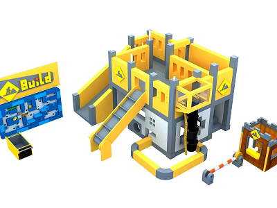 Yellow And Gray Building Blocks Construction Set With Slide Stairs And Platform Accessories 3d model