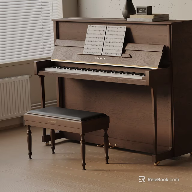 Elegant Brown Upright Piano With Sheet Music And Black Wooden Bench Indoor Setting 3d model 