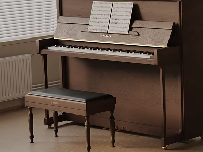 Elegant Brown Upright Piano With Sheet Music And Black Wooden Bench Indoor Setting 3d model
