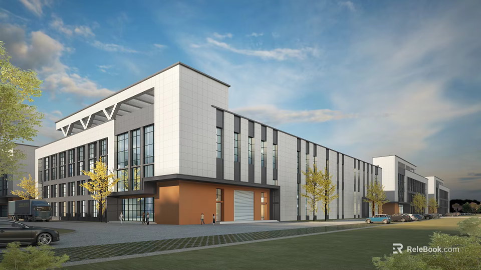 Modern Industrial Factory Exterior Design With Large Glass Windows White Orange Walls And Lawn Trees 3d model 