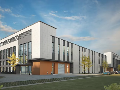 Modern Industrial Factory Exterior Design With Large Glass Windows White Orange Walls And Lawn Trees 3d model