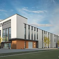 Modern Industrial Factory Exterior Design With Large Glass Windows White Orange Walls And Lawn Trees