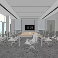 Modern Conference Room With Long Table Grey Chairs Large Screen And Bright Windows