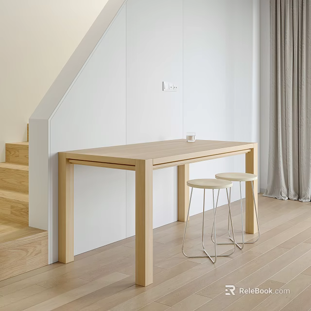 Modern Wooden Dining Table Set With Metal Stools And White Wall Interior 3d model