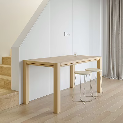 Modern Wooden Dining Table Set With Metal Stools And White Wall Interior 3d model