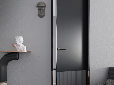 Modern Black Hinged Door In Minimalist Interior With Gray Wall And White Sculpture 3d model