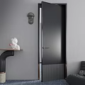 Modern Black Hinged Door In Minimalist Interior With Gray Wall And White Sculpture