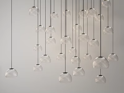 Multiple Transparent Textured Pendant Lights Hanging In Minimalist White Interior 3d model