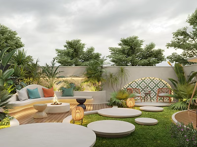 Stunning Courtyard Garden Design Featuring Outdoor Sofa Cushions Circular Platforms Lawn And Tree Lighting 3d model