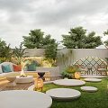 Stunning Courtyard Garden Design Featuring Outdoor Sofa Cushions Circular Platforms Lawn And Tree Lighting